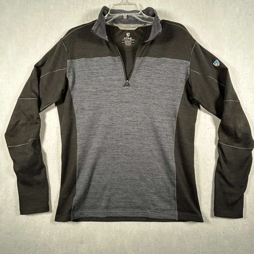 Kuhl Revel 1/4 Zip Pullover Mens Medium Black Gray Colorblock Thumbhole sweater